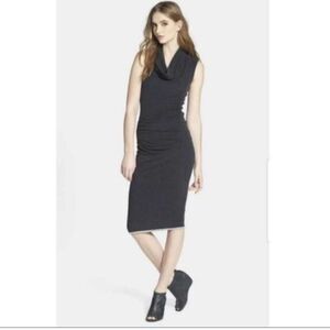 STANDARD JAMES PERSE Midi Dress Sz 4 L Dark Gray Cowl Neck Ruched Lined NEW